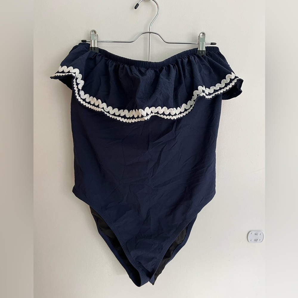 J. Crew Navy One-Piece Swim with White Ruffle Trim